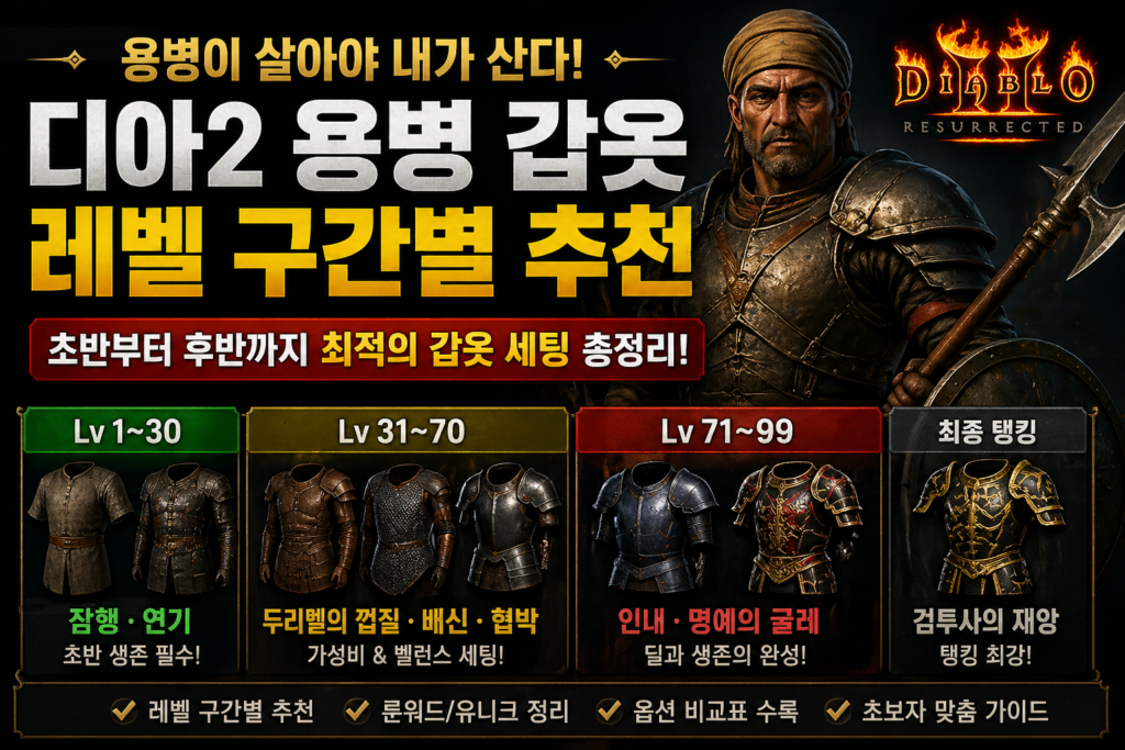 디아2 용병 갑옷 추천
레벨 구간별 세팅 한눈에 정리
